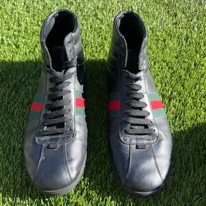 EUC - GUCCI Red & Green Logo Stripe GG High-Top Black Sneakers Sz 9G/9.5US